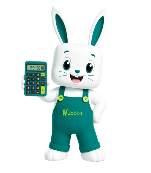 Jobi, the Jobbit mascot, holding a calculator